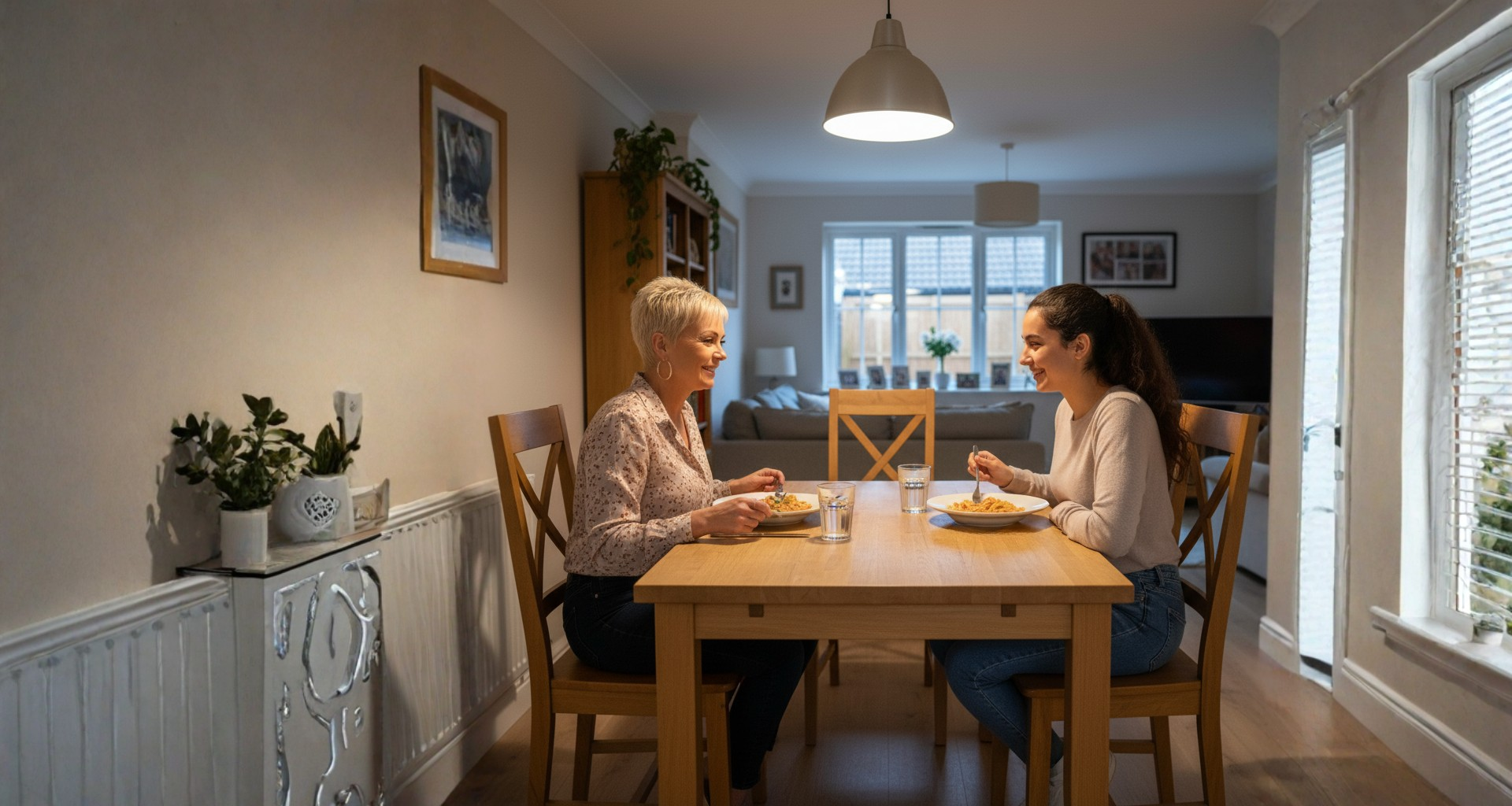 young person and host having dinner