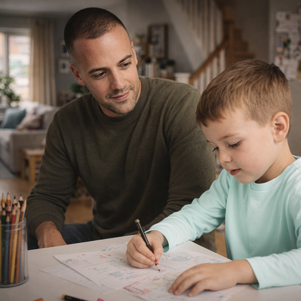 Male foster carer helps child with homework